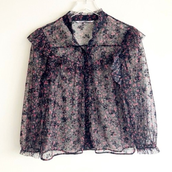 Zara Sheer Floral Black Blouse with Ruffles Size Medium Womens - Picture 1 of 16